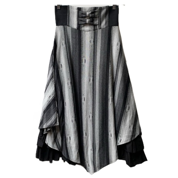 Simon Chang Grey Striped Maxi Skirt with Ribbons and Ruffles - Picture 1 of 5